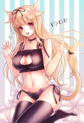 Rule 34 | 10s, 1girl, animal ears, bell, black bra, black panties, black ribbon, black thighhighs, blonde hair, blush, bra, breasts, cat cutout, cat day, cat ear panties, cat ears, cat girl, cat lingerie, cat tail, choker, cleavage cutout, clothing cutout, collarbone, frilled pillow, frills, hair flaps, hair ornament, hair ribbon, hairclip, highres, hip focus, jingle bell, kantai collection, large breasts, lingerie, long hair, looking at viewer, meme attire, mii@chiffonx, navel, neck bell, open mouth, panties, paw pose, pillow, red eyes, ribbon, side-tie panties, sitting, solo, sparkle, striped, striped background, tail, tail bell, tail ornament, teeth, thighhighs, thighs, underwear, vertical stripes, yuudachi (kancolle), yuudachi kai ni (kancolle)