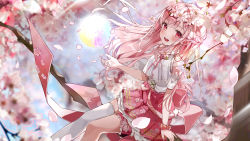 Rule 34 | 1girl, absurdres, branch, character request, cherry blossoms, copyright request, eumi 114, flower, hair flower, hair ornament, highres, long hair, looking at viewer, official art, open mouth, pink eyes, pink flower, pink hair, pointy ears, single thighhigh, sitting, smile, thighhighs, virtual youtuber, white thighhighs