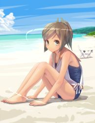 Rule 34 | 10s, 1girl, barefoot, beach, brown eyes, brown hair, cat, colored eyelashes, day, haiiro (hi ghi ro), i-401 (kancolle), kantai collection, one-piece swimsuit, ponytail, school swimsuit, short hair, sitting, smile, solo, swimsuit