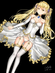 Rule 34 | 1girl, 2018, absurdres, black background, blonde hair, bow, breasts, cameltoe, cleavage, closed mouth, detached sleeves, from above, garter belt, hair between eyes, hair bow, hbb, highres, long hair, long sleeves, looking at viewer, lying, neck ribbon, on back, original, panties, purple bow, ribbon, shirt, signature, simple background, skirt, sleeveless, sleeveless shirt, small breasts, smile, solo, thighhighs, twintails, underwear, very long hair, white panties, white shirt, white skirt, white sleeves, white thighhighs, yellow eyes, yellow ribbon