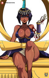Rule 34 | 1girl, absurdres, ankh, black hair, blood, blue eyes, blush, bob cut, breasts, dark-skinned female, dark skin, eliza (skullgirls), exposed bone, hand up, highres, knees up, kyoffie, large breasts, nail polish, red lips, red nails, ribbon, sarcophagus, short hair, sitting, skeletal arm, skullgirls, smile, solo, thick thighs, thighs, tiara, white background, wrist guards