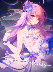 Rule 34 | 1girl, 2022, absurdres, bare shoulders, benghuai xueyuan, bride, character name, closed mouth, confetti, dated, dress, flower, gloves, hair flower, hair ornament, happy birthday, heterochromia, highres, honkai (series), long hair, multicolored hair, purple flower, purple hair, silence (pixiv18541142), sin mal (benghuai xueyuan), sleeveless, sleeveless dress, smile, solo, two-tone hair, wedding dress, white dress, white gloves, yellow eyes
