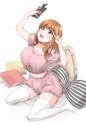 Rule 34 | 1girl, bed sheet, blunt bangs, cellphone, commentary, frilled shorts, frills, girls und panzer, highres, holding, holding phone, long hair, magazine (object), midriff, navel, on bed, open mouth, orange eyes, orange hair, phone, pillow, pink shirt, pink shorts, selfie, shirt, short sleeves, shorts, sitting, smartphone, smile, solo, takebe saori, tarou (komekueyo), teeth, thighhighs, upper teeth only, v, wariza, white background, white thighhighs