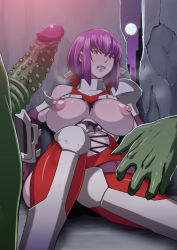 Rule 34 | 00s, 1girl, alley, armor, blush, breasts, butcha-u, censored, imminent rape, large breasts, monster, moon, night, ninja, nipples, oboro (taimanin asagi), penis, pointless censoring, puffy nipples, purple hair, sitting, solo focus, taimanin (series), taimanin asagi, tears, torn clothes, you gonna get raped