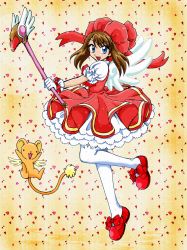 Rule 34 | 1girl, blue eyes, blush, brown hair, cardcaptor sakura, chikorita85, cosplay, creature, creatures (company), dress, from side, full body, fuuin no tsue, game freak, gloves, hat, heart, highres, holding, kero (cardcaptor sakura), kinomoto sakura, kinomoto sakura (cosplay), looking at viewer, may (pokemon), nintendo, pink hat, pokemon, pokemon adventures, puffy short sleeves, puffy sleeves, red dress, short sleeves, smile, thighhighs, white thighhighs, wings, yellow background