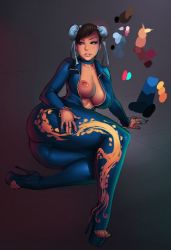 Rule 34 | 1girl, alternate costume, ass, breast slip, breasts, brown eyes, brown hair, bun cover, capcom, catsuit, chun-li, cleavage, color guide, colorized, covered erect nipples, double bun, eyeshadow, glance, high heels, large breasts, lips, lipstick, lm (legoman), looking away, lying, makeup, nipples, no bra, on side, one breast out, parted lips, short hair, solo, stiletto heels, street fighter, thick lips, thick thighs, thighs, toeless legwear, toes, unzipped, wide hips