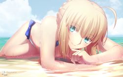 Rule 34 | 1girl, ahoge, alternate costume, artist name, artoria pendragon (all), artoria pendragon (fate), bad id, bad pixiv id, bare arms, bare legs, bare shoulders, bikini, blonde hair, blue bow, blue eyes, blue sky, blush, bow, cleavage cutout, closed mouth, clothing cutout, cloud, day, eyebrows, fate/grand order, fate/stay night, fate (series), head tilt, horizon, looking at viewer, lying, magicians (zhkahogigzkh), ocean, saber (fate), short hair, sky, smile, solo, summer, swimsuit, water, water drop, wet, white bikini