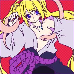 Rule 34 | 1girl, animal, arm up, belt, blonde hair, blue eyes, blush, boo!king, breasts, checkered background, closed mouth, cosplay, embarrassed, facial mark, genderswap, genderswap (mtf), hand up, jewelry, long hair, looking to the side, lowres, medium breasts, naruko (naruto), naruto, naruto (series), necklace, no bra, red background, restrained, rope belt, sexy no jutsu, snake, twintails, uchiha sasuke, uchiha sasuke (cosplay), uzumaki naruto, very long hair, whisker markings, whiskers, wide sleeves