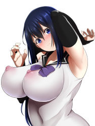 Rule 34 | 10s, 1girl, arm up, armpits, blue eyes, blue hair, breasts, gokukoku no brynhildr, hair between eyes, highres, huge breasts, impossible clothes, impossible shirt, kuroha neko, matching hair/eyes, nipples, no bra, shirt, shumichi, simple background, solo, white background