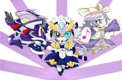 Rule 34 | 1girl, artist request, axe, blue eyes, bow, brown eyes, chibi, commentary request, fairlion, green eyes, gundam, hair bow, latune subbota, lolita fashion, looking at viewer, maid headdress, mecha, musical note, one eye closed, purple hair, robot, smile, spoken musical note, super robot wars, super robot wars original generation, weapon, wide sleeves