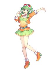 Rule 34 | 1girl, arm up, bare legs, belt, brooch, frilled skirt, frills, full body, goggles, goggles on head, green eyes, green hair, green skirt, green tube top, gumi, gumi (ai megpoid), hand in own hair, hand up, headphones, high heels, highres, jacket, jewelry, layered skirt, looking at viewer, medium hair, nou (nounknown), official art, open mouth, orange footwear, orange jacket, orange skirt, outstretched arm, pleated skirt, red goggles, shirt, sidelocks, skirt, smile, solo, strapless, teeth, third-party edit, third-party source, transparent background, tube top, upper teeth only, vocaloid, yellow shirt