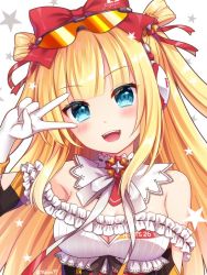 Rule 34 | 1girl, bare shoulders, beatmania, beatmania iidx, blonde hair, blue eyes, blunt bangs, blush, bow, detached collar, dress, eyewear on head, frilled dress, frills, gloves, hair bow, head tilt, headphones, himmel (beatmania iidx), long hair, looking at viewer, multicolored clothes, multicolored dress, off-shoulder dress, off shoulder, open mouth, red bow, smile, solo, star (symbol), stardrop, sunglasses, twitter username, v over eye, white background, white gloves