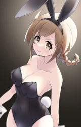 Rule 34 | &gt;:), 1girl, ahoge, amai nekuta, animal ears, arm at side, arm behind back, assault lily, bare shoulders, black background, black hairband, black leotard, blurry, braid, breasts, brown background, brown eyes, brown hair, cleavage, closed mouth, collarbone, covered navel, cowboy shot, depth of field, fake animal ears, fake tail, flower, gradient background, hair flower, hair ornament, hairband, highres, large breasts, leotard, looking at viewer, low twin braids, low twintails, medium hair, playboy bunny, rabbit ears, rabbit tail, rokkaku shiori, sidelocks, smile, solo, standing, strapless, strapless leotard, tail, twin braids, twintails, v-shaped eyebrows, white flower, wrist cuffs