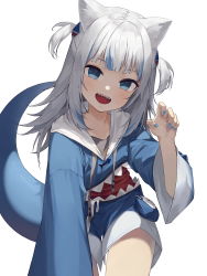 Rule 34 | 1girl, :d, animal ear fluff, animal ears, blue eyes, blue hair, blue hoodie, blue nails, blush, cat ears, commentary, cowboy shot, drawstring, gawr gura, gawr gura (1st costume), hair ornament, hand up, highres, hololive, hololive english, hood, hood down, hoodie, long hair, long sleeves, looking at viewer, multicolored hair, nail polish, open mouth, selfie, shark hair ornament, sharp teeth, simple background, smile, solo, soya (torga), streaked hair, tail, tail raised, teeth, two side up, virtual youtuber, white background