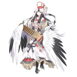 Rule 34 | 1girl, artist request, black hair, black wings, clover theater, dress, feathered wings, feathers, full body, grey eyes, hair bun, hair ornament, hair tubes, hairpin, holding, holding instrument, instrument, japanese clothes, jewelry, koto (instrument), long hair, multicolored hair, official art, open mouth, satsuki (clover theater), sidelocks, single hair bun, solo, talons, toe ring, transparent background, two-tone hair, two-tone wings, white hair, white wings, winged arms, wings