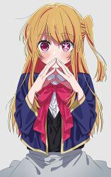 Rule 34 | 1girl, black sweater vest, blonde hair, blue jacket, blush, bow, bowtie, collared shirt, commentary, cropped jacket, dress shirt, grey background, grey skirt, hair between eyes, highres, hoshino ruby, jacket, long hair, long sleeves, looking at viewer, mismatched pupils, no pupils, one side up, open clothes, open jacket, oshi no ko, pink bow, pink bowtie, pink eyes, school uniform, shadow, shirt, sidelocks, simple background, skirt, solo, star-shaped pupils, star (symbol), steepled fingers, sweater vest, symbol-shaped pupils, to9 722, upper body, white shirt, youtou high school uniform
