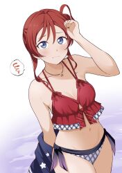 Rule 34 | 1girl, barkhorn0331, bikini, blue eyes, blush, breasts, closed mouth, collarbone, commentary request, furrowed brow, hair bun, hand up, highres, jacket, jewelry, looking at viewer, love live!, love live! superstar!!, medium breasts, medium hair, midriff, navel, necklace, purple jacket, red bikini, red hair, sidelocks, single side bun, solo, spoken squiggle, squiggle, standing, star (symbol), star necklace, swimsuit, upper body, wavy mouth, wet, yoneme mei