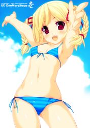Rule 34 | 1girl, armpits, bare shoulders, beatmania, beatmania iidx, bikini, blonde hair, blush, braid, breasts, cloud, collarbone, fangs, fingernails, foreshortening, front-tie top, happy, highres, kinoshita ichi, long hair, looking at viewer, navel, open mouth, outstretched arms, red eyes, side-tie bikini bottom, small breasts, smile, solo, standing, striped bikini, striped clothes, swimsuit, text focus, xiatian (beatmania iidx)