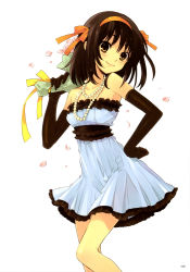 Rule 34 | 1girl, absurdres, black gloves, blue skirt, blush, bouquet, brown eyes, brown hair, dress, elbow gloves, flower, formal, gloves, hairband, hand on own hip, highres, ito noizi, jewelry, lipstick, makeup, necklace, official art, pearl necklace, scan, short hair, skirt, sleeveless, sleeveless dress, smile, solo, suzumiya haruhi, suzumiya haruhi no yuuutsu, white background