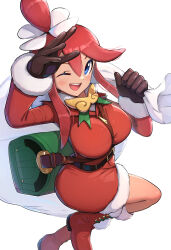 1girl absurdres bag blue_eyes breasts christmas creatures_(company) dress fur-trimmed_dress fur_trim game_freak gloves gonzarez hair_ornament hat highres holding holding_sack large_breasts long_hair looking_at_viewer nintendo one_eye_closed open_mouth pokemon pokemon_bw pokemon_bw2 red_dress red_hair sack santa_costume santa_dress santa_hat skyla_(pokemon) smile solo