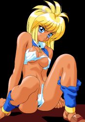 Rule 34 | 1girl, 4bpp, blonde hair, blue eyes, dark-skinned female, dark skin, dithering, game cg, navel, pc-98 (style), pc98, pixel art, princess quest mahjongg sword, simple background, solo, torn clothes