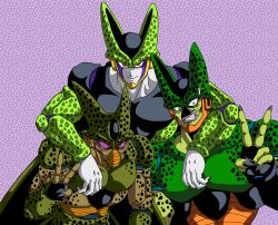 Rule 34 | 3boys, blue eyes, cell (dragon ball), colored skin, dragon ball, green skin, male focus, multiple boys, multiple persona, pale skin, pink eyes, purple eyes, simple background, smile, v