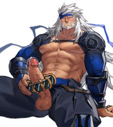 Rule 34 | 1boy, abs, bara, beard, blue headband, blush, cross scar, erection, facial hair, feet out of frame, headband, highres, jin (sirius-j), jioh the gravity ninja, large pectorals, large penis, long hair, looking at viewer, male focus, male masturbation, masturbation, muscular, muscular male, nipples, old, old man, open fly, pectorals, penis, scar, scar on chest, shrug (clothing), solo, spread legs, stomach, thick thighs, thighs, uncensored, underpec, veins, veiny penis, white hair, yu-gi-oh!