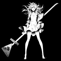 Rule 34 | 1girl, black background, dress, greyscale, highres, long hair, looking at viewer, miwa shirow, monochrome, original, sign, signpost, solo, standing, wind