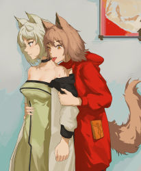 Rule 34 | 2girls, :p, absurdres, animal ears, arknights, bare shoulders, bite mark, black choker, breasts, cat ears, chinese commentary, choker, coat, commentary request, dress, green dress, green eyes, grey hair, highres, indoors, jacket, kal&#039;tsit (arknights), licking, licking another&#039;s neck, long sleeves, medium breasts, multiple girls, off shoulder, open clothes, open coat, orange eyes, pale laomo, projekt red (arknights), red jacket, short hair, smile, strapless, strapless dress, tail, tongue, tongue out, upper body, white coat, wolf ears, wolf tail, yuri