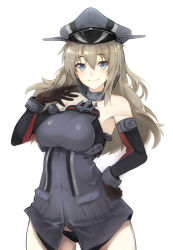 Rule 34 | 10s, 1girl, absurdres, bare shoulders, bismarck (kancolle), blue eyes, breasts, brown hair, curvy, ganida boushoku, gloves, hat, highres, kantai collection, long hair, looking at viewer, peaked cap, smile, solo, standing, uniform, wide hips