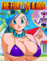 Rule 34 | 1boy, 1girl, alternate breast size, beach, bead necklace, beads, beerus, bikini, blue eyes, blue hair, breasts, bulma, dragon ball, dragon ball super, earrings, facing viewer, house, jewelry, kame house, large breasts, looking at viewer, lowres, mature female, necklace, outdoors, purple bikini, revealing clothes, short hair, sunglasses on head, super melons, swimsuit, text focus, upper body