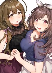 Rule 34 | 2girls, absurdres, black shirt, blue shirt, bow hairband, breast press, breasts, brown hair, cleavage, commentary request, hair ribbon, hairband, heart, highres, huge filesize, idolmaster, idolmaster shiny colors, kuwayama chiyuki, large breasts, long hair, looking at viewer, looking up, low twintails, multiple girls, pink eyes, ponytail, red skirt, ribbon, shirt, short sleeves, skirt, sleeveless, sleeveless shirt, swept bangs, symmetrical docking, takani0721, tsukioka kogane, twintails, white background, white hairband, white skirt, yellow eyes