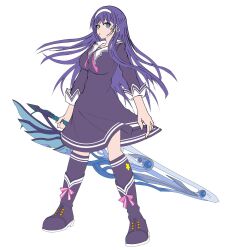 Rule 34 | 1girl, blue eyes, breasts, full body, highres, holding, holding sword, holding weapon, large breasts, long hair, looking at viewer, purple hair, school uniform, serafuku, simple background, skirt, solo, sword, tsukikage koharu, valkyrie drive, valkyrie drive -bhikkhuni-, weapon, white background, xiaott project