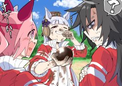 Rule 34 | 3girls, ?, air shakur (umamusume), anger vein, angry, animal ears, arm up, ball, black hair, blank eyes, bridle, brown headwear, clenched teeth, collared jacket, commentary request, day, dirty, dirty clothes, dirty face, dirty hands, ear covers, eyebrow piercing, fingernails, gold ship (umamusume), grey hair, grin, hachiman (douno), half-closed eye, hand up, haru urara (umamusume), hat, headband, high collar, high ponytail, highres, holding, horse ears, jacket, long hair, long sleeves, looking at another, mud, multiple girls, one eye closed, open clothes, open shirt, outdoors, piercing, pink hair, purple eyes, shaded face, sharp teeth, shirt, smile, smug, spoken question mark, teeth, track jacket, umamusume, undershirt, upper body, v-shaped eyebrows