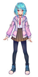 Rule 34 | 1boy, akimizu tago, blonde hair, blue eyes, blue pantyhose, blush, brown skirt, child, choker, collared shirt, colored inner hair, crossdressing, full body, hair between eyes, hair ornament, hairclip, high tops, highres, indie virtual youtuber, jacket, male focus, multicolored hair, necktie, open clothes, open shirt, pantyhose, pleated skirt, red eyes, school uniform, shirt, shoes, simple background, skirt, smile, sneakers, solo, trap, two-tone hair, virtual youtuber, white background, white shirt, yoruhachi