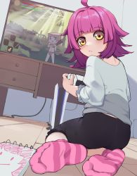 Rule 34 | 1girl, absurdres, ahoge, capri pants, commission, controller, dualsense, elden ring, feet, female focus, from behind, game console, game controller, highres, indoors, k-rha&#039;s, looking at viewer, looking back, love live!, love live! nijigasaki high school idol club, pants, pink footwear, pink hair, playing games, playstation 5, playstation controller, socks, soles, solo, television, tennoji rina, toes, yellow eyes