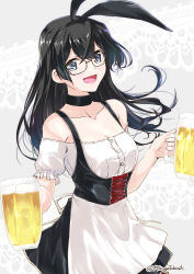 Rule 34 | 1girl, alcohol, animal ears, bare shoulders, beer, beer mug, black hair, blue eyes, blush, breasts, cleavage, commentary request, cup, dirndl, fake animal ears, german clothes, glasses, holding, holding cup, kantai collection, long hair, medium breasts, mikage takashi, mug, off shoulder, ooyodo (kancolle), open mouth, rabbit ears, semi-rimless eyewear, smile, solo, twitter username