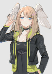 Rule 34 | 1girl, absurdres, aqua eyes, black choker, black jacket, breasts, choker, cleavage, closed mouth, commentary request, eunie (xenoblade), feathered wings, grey background, grey wings, head wings, highres, jacket, light brown hair, long hair, long sleeves, medium breasts, oas, simple background, sketch, solo, tattoo, twitter username, upper body, wings, xenoblade chronicles (series), xenoblade chronicles 3