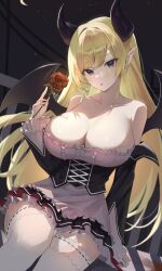 Rule 34 | 1girl, absurdres, bat tattoo, black horns, blonde hair, blue eyes, blush, breast tattoo, breasts, cleavage, demon girl, demon horns, demon tail, demon wings, flower, highres, holding, holding flower, hololive, horns, large breasts, long hair, looking at viewer, nekorone0222, pointy ears, rose, single sidelock, solo, tail, tattoo, virtual youtuber, wings, yuzuki choco