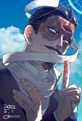 Rule 34 | 1boy, black hair, brown eyes, dated, day, facial hair, golden kamuy, hair slicked back, hand on own chest, highres, index finger raised, lens flare, looking at viewer, mustache, neko meshi ya, outdoors, ribbon, scar, tsurumi tokushirou, upper body, white ribbon