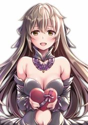 Rule 34 | 1girl, bad id, bad pixiv id, bare shoulders, blush, bow, box, breasts, cleavage, clothing cutout, detached collar, detached sleeves, dress, gift, green eyes, grey bow, grey dress, grey hair, hair between eyes, hair bow, heart-shaped box, holding, holding gift, long hair, looking at viewer, medium breasts, navel, navel cutout, open mouth, original, ribucci, simple background, smile, solo, teeth, upper body, valentine, white background