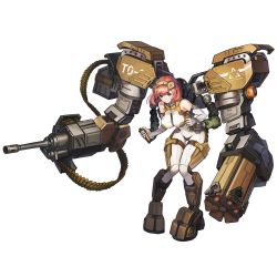 Rule 34 | 1girl, 3:, autocannon, blush, bodysuit, boots, breasts, cannon, full body, game cg, gatling gun, green eyes, hair between eyes, hairband, highres, io (last origin), large breasts, last origin, looking at viewer, multiple-barrel firearm, official art, paintale, power suit, red hair, rocket launcher, rotary cannon, short hair, solo, tachi-e, transparent background, weapon