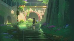 Rule 34 | 1girl, backpack, bag, black hair, bridge, brown skirt, commentary request, day, doora (dora0913), facing away, flower, from behind, green theme, highres, long hair, long sleeves, moss, original, outdoors, plant, plant roots, pleated skirt, ponytail, railing, railroad signal, railroad tracks, ripples, scenery, skirt, solo, standing, wading, walking, water