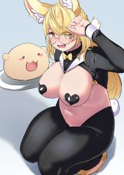 Rule 34 | 1girl, absurdres, animal ear fluff, animal ears, arm up, blush, breasts, character request, cleavage, commentary request, copyright request, covered erect nipples, covered navel, glasses, hair over one eye, highres, large breasts, long hair, looking at viewer, meme attire, open mouth, pasties, plump, rabbit tail, reverse bunnysuit, reverse outfit, shadow, simple background, sleeve cuffs, squatting, tail, tajyador, tareme, thick thighs, thigh strap, thighs, virtual youtuber, yellow eyes
