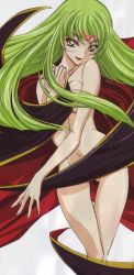 Rule 34 | 00s, breasts, c.c., cape, code geass, covering privates, covering breasts, facial mark, fingernails, forehead mark, green hair, highres, long fingernails, nail, naked cape, nude, nude cover, solo, thigh gap, thighs, yellow eyes