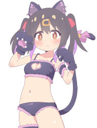 Rule 34 | 1girl, absurdres, achat 8, animal ears, animal hands, black hair, breasts, brown eyes, cat ears, cat lingerie, cat tail, cleavage, commentary request, gloves, hair between eyes, hair ornament, hairclip, highres, medium breasts, meme attire, navel, onii-chan wa oshimai!, oyama mihari, panties, paw gloves, simple background, tail, twintails, underwear, white background