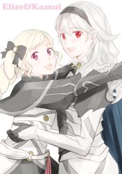 Rule 34 | 2girls, blonde hair, blush, fire emblem, fire emblem fates, hairband, looking at viewer, multiple girls, nintendo, pointy ears, purple eyes, red eyes, tico, white hair