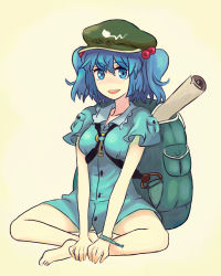 Rule 34 | 1girl, backpack, bag, barefoot, blue eyes, blue hair, bottomless, eyebrows, feet, female focus, full body, hair bobbles, hair ornament, hands on feet, hat, indian style, jean (jean sp), kawashiro nitori, key, matching hair/eyes, open mouth, randoseru, short twintails, simple background, sitting, smile, solo, thick eyebrows, touhou, twintails, two side up, v arms