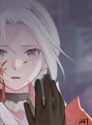 Rule 34 | 1girl, black gloves, blood, blood on face, commentary, da-cart, edelgard von hresvelg, fire emblem, fire emblem: three houses, fire emblem warriors, fire emblem warriors: three hopes, forehead, gloves, highres, looking at viewer, mirror, nintendo, parted lips, portrait, purple eyes, short hair, silver hair, solo