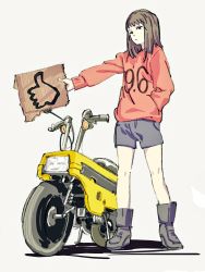 Rule 34 | 1girl, black eyes, black footwear, blue shorts, boots, brown hair, cardboard, closed mouth, eyebrows, full body, hand in pocket, highres, holding, legs apart, long hair, long sleeves, motor vehicle, motorcycle, original, pocket, red sweater, saitama (antitankromeo), shadow, shorts, sign, silver background, solo, standing, straight hair, sweater, thumbs up, wheel